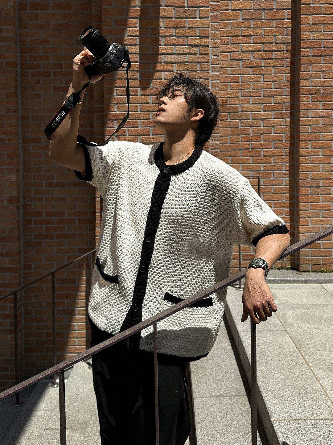 粗花呢針織短袖開衫