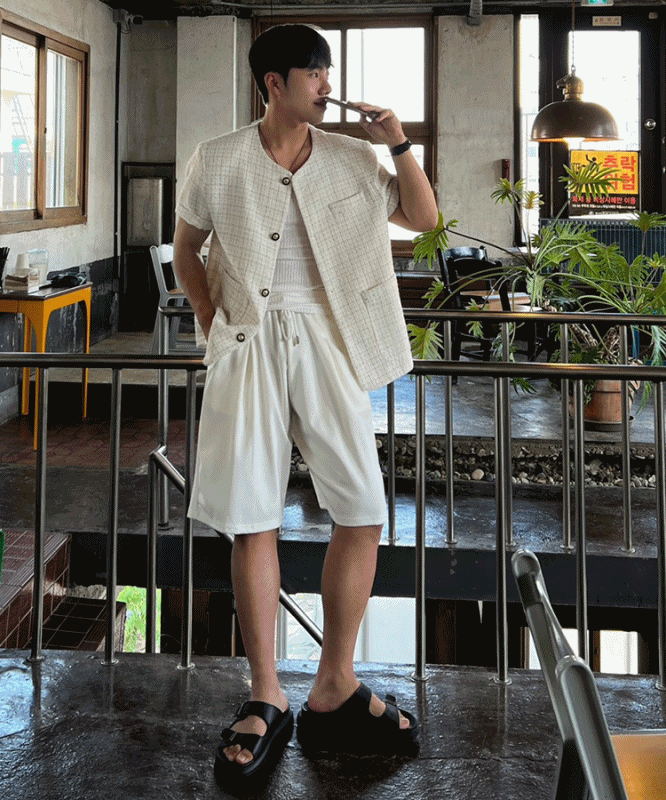 無領粗花呢短袖夾克