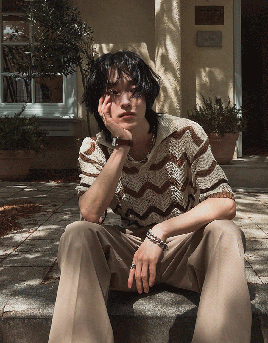 波浪鏤空配色短袖T恤