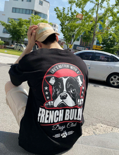 法國鬥牛犬水洗腳印寬鬆短袖T恤