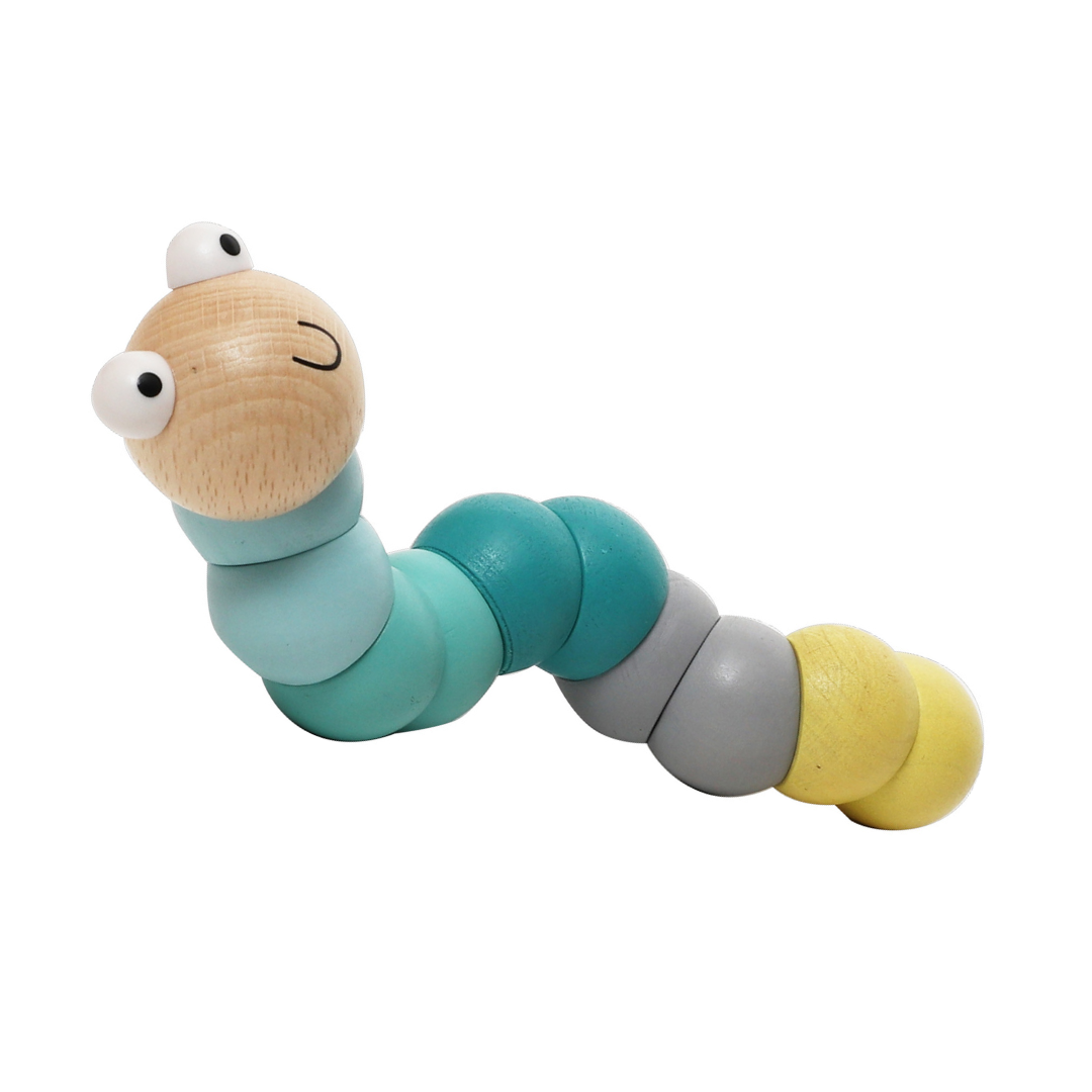 日本 Adnil LAND 寶寶感統抓握木頭玩具-扭扭毛毛蟲【藍色】