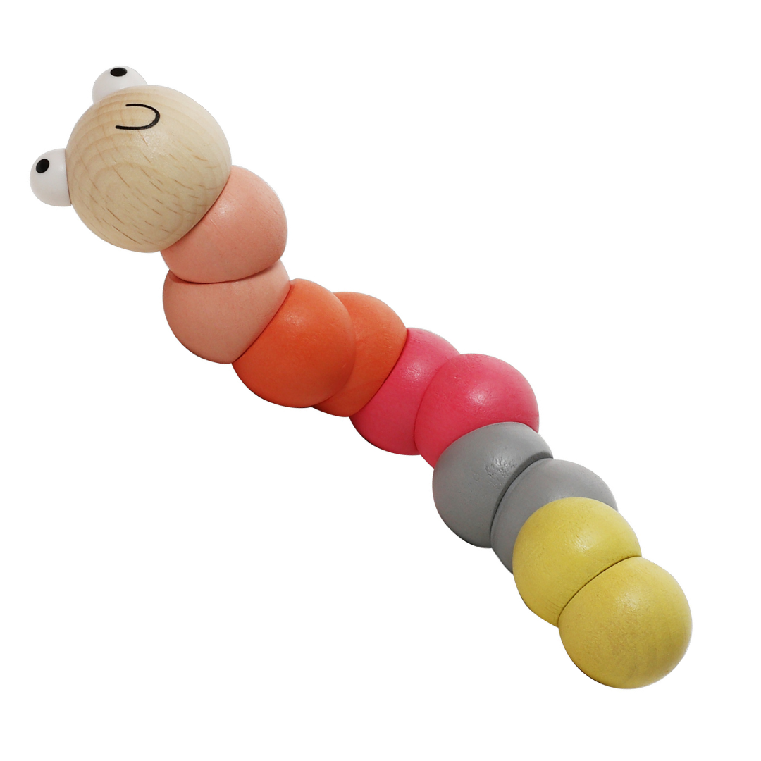 日本 Adnil LAND 寶寶感統抓握木頭玩具-扭扭毛毛蟲【粉紅色】