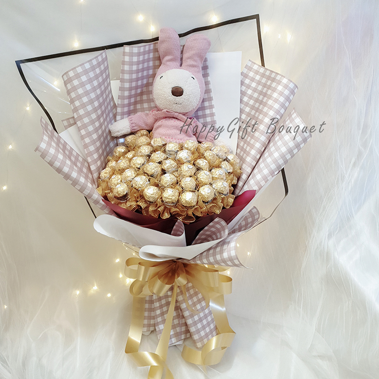 法國兔金莎花分享花束咖啡色包裝,happy-graudate-card-chocolate-shared-bouquet