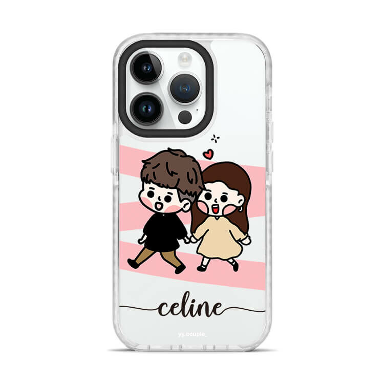 【插畫聯名】挖系小y 黑皮情侶 - (訂製名字) 防摔撞白殼  iPhone客製化手機殼