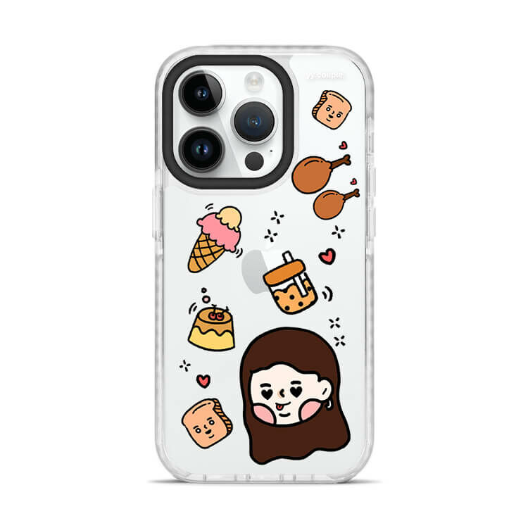 【插畫聯名】挖系小y 貪吃小y - (訂製名字) 防摔撞白殼  iPhone客製化手機殼