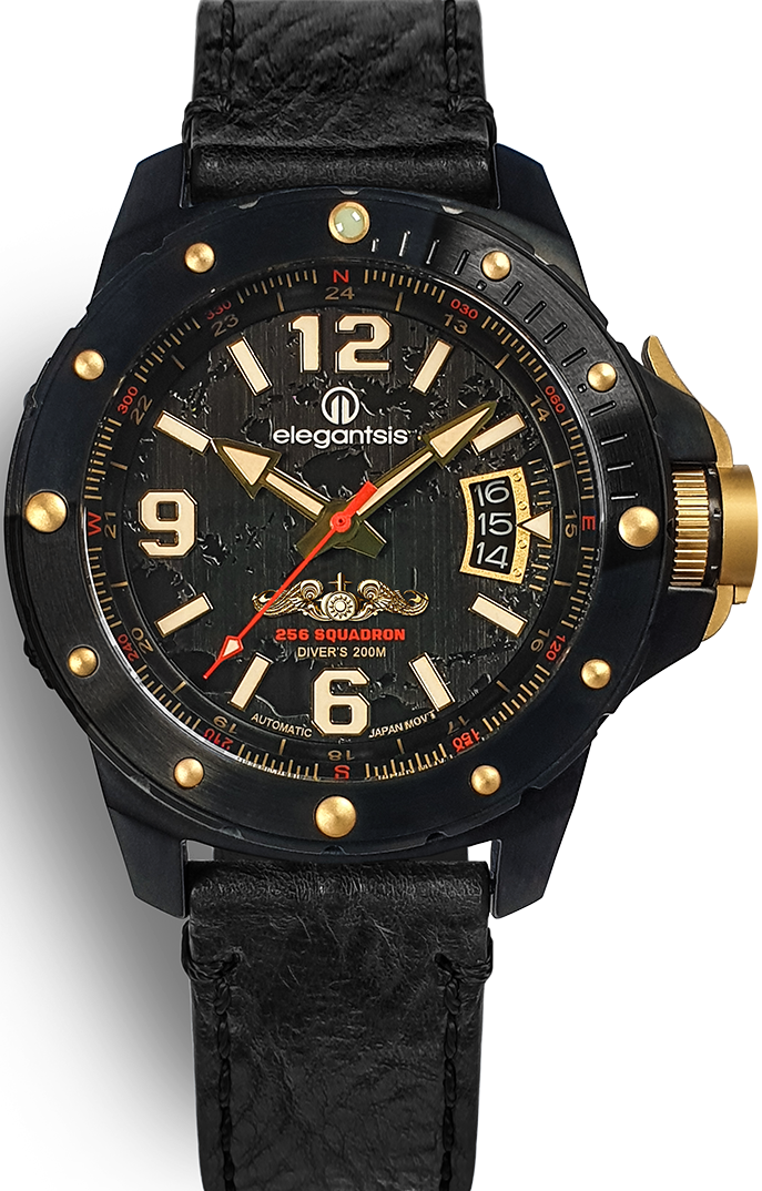萬年鐘錶 - elegantsis 愛樂時   海軍256戰隊特別訂製潛艦機械腕錶 黑金色版限量機械男錶  ELJO48MAS-256-NG01LC  錶徑45.5MM