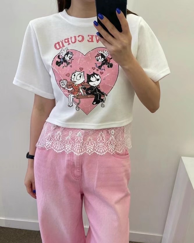 粉愛心下擺蕾絲綁腰短t