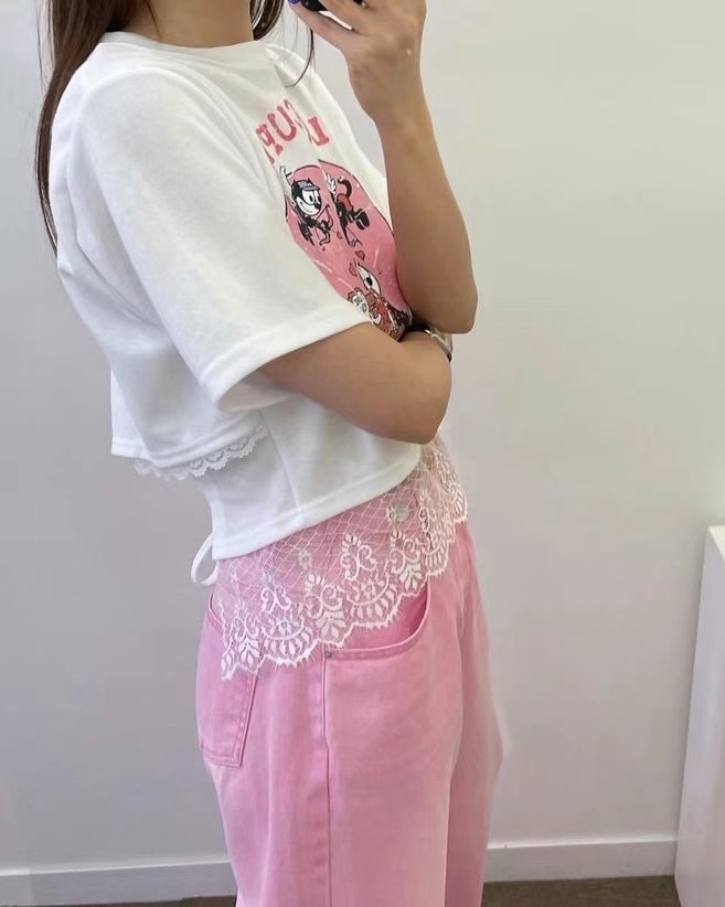 粉愛心下擺蕾絲綁腰短t