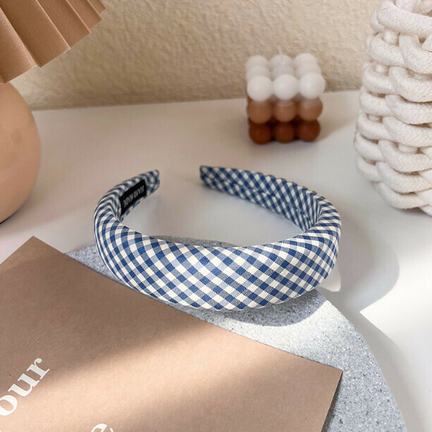Mori Plaid Wide-brimmed Sponge Headband Hair Ornament (E Blue)