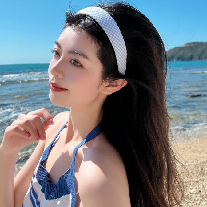 熱推簡約頭箍發飾（5#藍色格子）