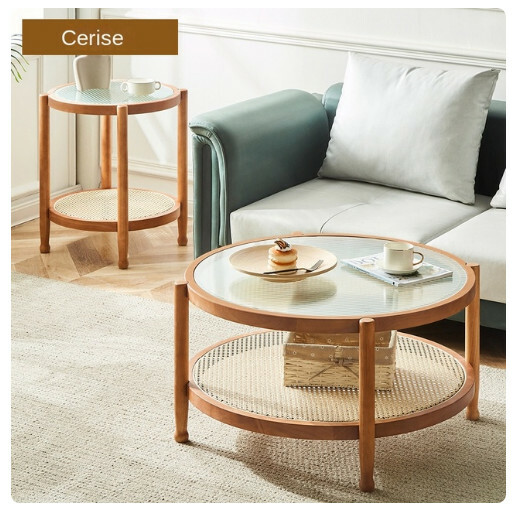 Popular Japanese coffee table rattan double round coffee table small round table (cherry color) 80x45cm