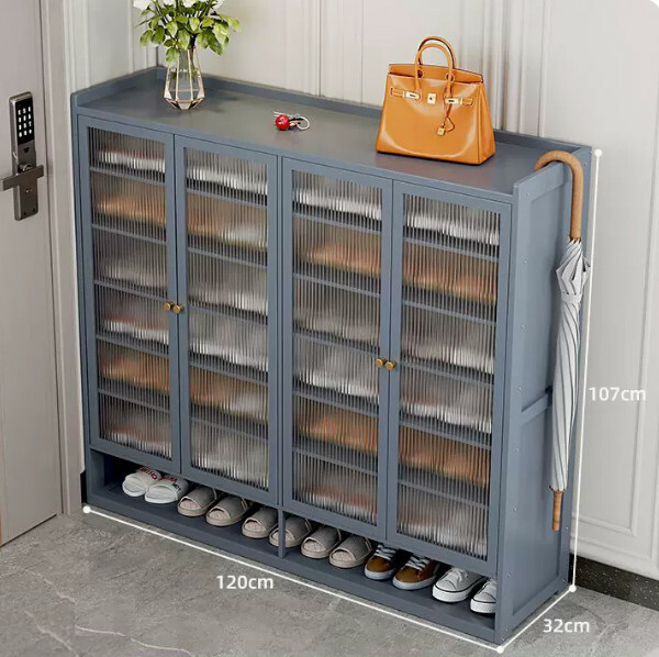 New bamboo solid wood furniture, shoe cabinet, entrance cabinet [120x32x107cm] Gray 4 doors + 8 layers + transparent board