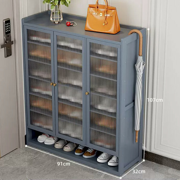 New bamboo solid wood furniture, shoe cabinet, entrance cabinet [91x32x107cm] gray 3 doors + 8 layers + transparent board