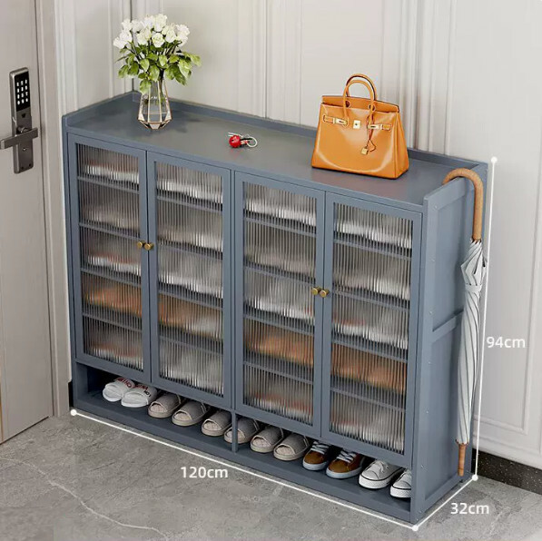 New bamboo solid wood furniture, shoe cabinet, entrance cabinet [120x32x94cm] Gray 4 doors + 7 layers + transparent board