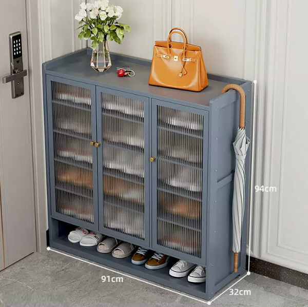 New bamboo solid wood furniture, shoe cabinet, entrance cabinet [91x32x94cm] gray 3 doors + 7 layers + transparent board