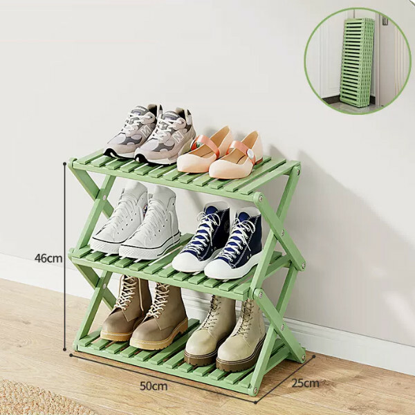 New bamboo solid wood furniture folding shoe cabinet door shoe rack multi-layer storage rack [3 layers 50cm] pea green