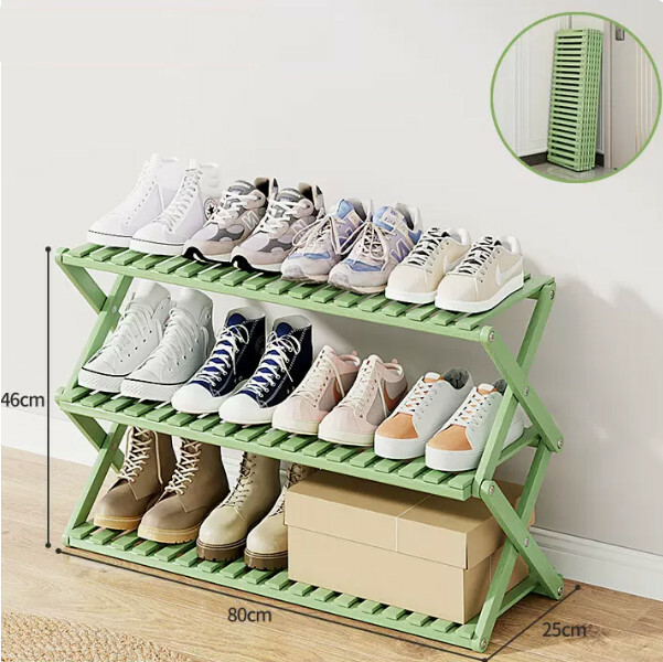 New bamboo solid wood furniture folding shoe cabinet door shoe rack multi-layer storage rack [3 layers 80cm] pea green