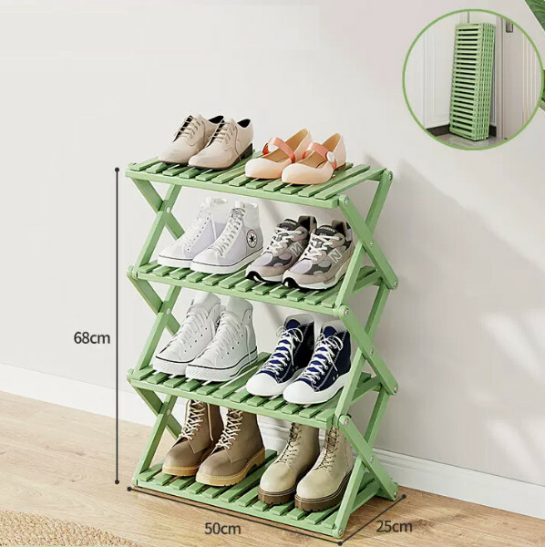 New bamboo solid wood furniture folding shoe cabinet door shoe rack multi-layer storage rack [4 layers 50cm] pea green