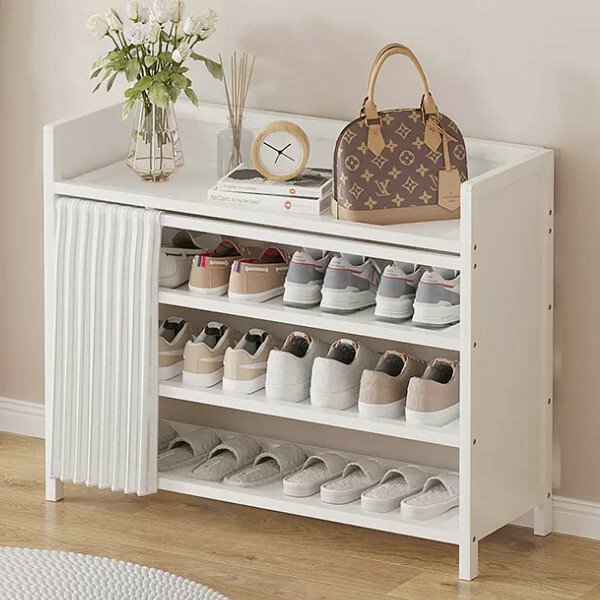 New Bamboo Solid Wood Furniture [No Installation] Shoe Cabinet Bedside Table Utility Cabinet [4 Layers 80cm] White