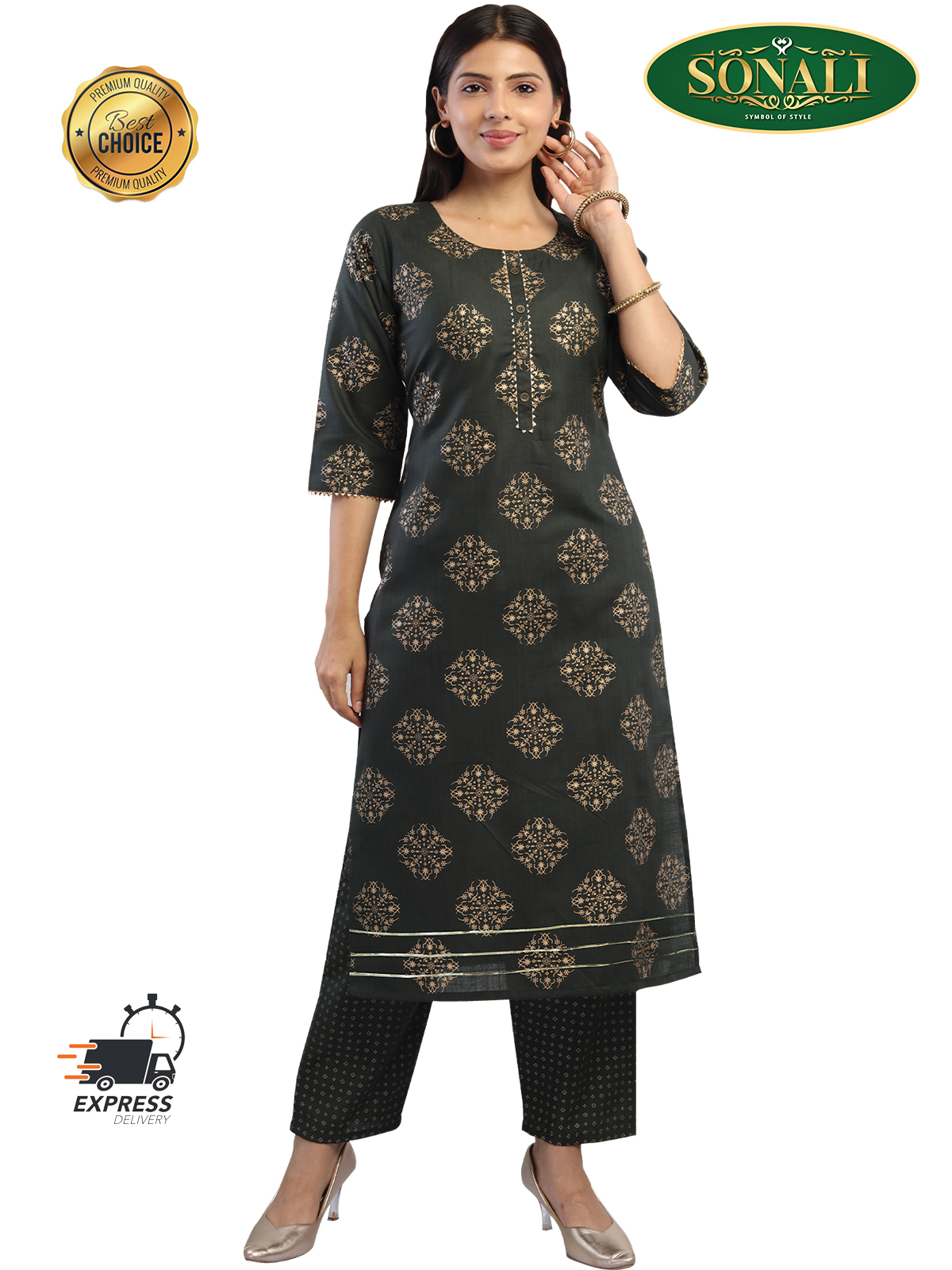 Sonali Women's Grey Soft Cool Material Print Kurti Top + Pant Set / Traditional Indian Ladies Suit / Plus Size Suit For Ladies / Baju Q1699/Q1700