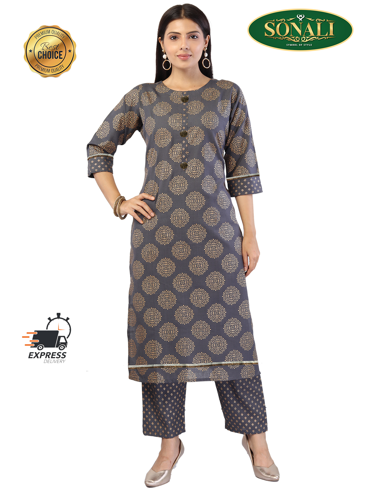 Sonali Women's Grey Soft Cool Material Print Kurti Top + Pant Set / Traditional Indian Ladies Suit / Plus Size Suit For Ladies / Baju Q1699/Q1700