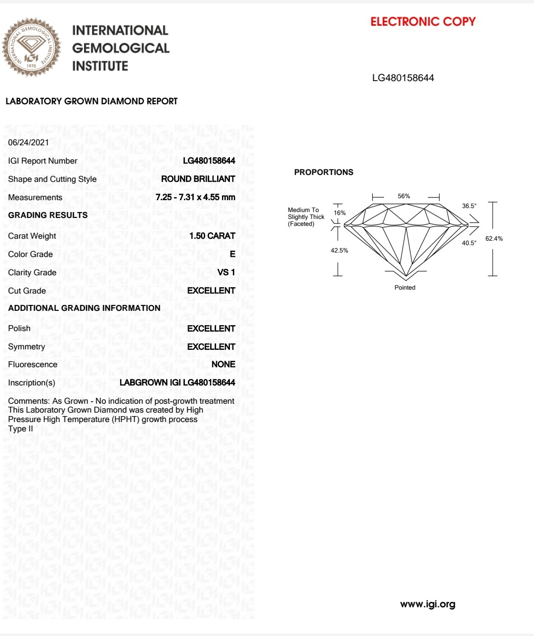 IGI LAB GROWN DIAMOND 1.50 E VS1 3EX NON