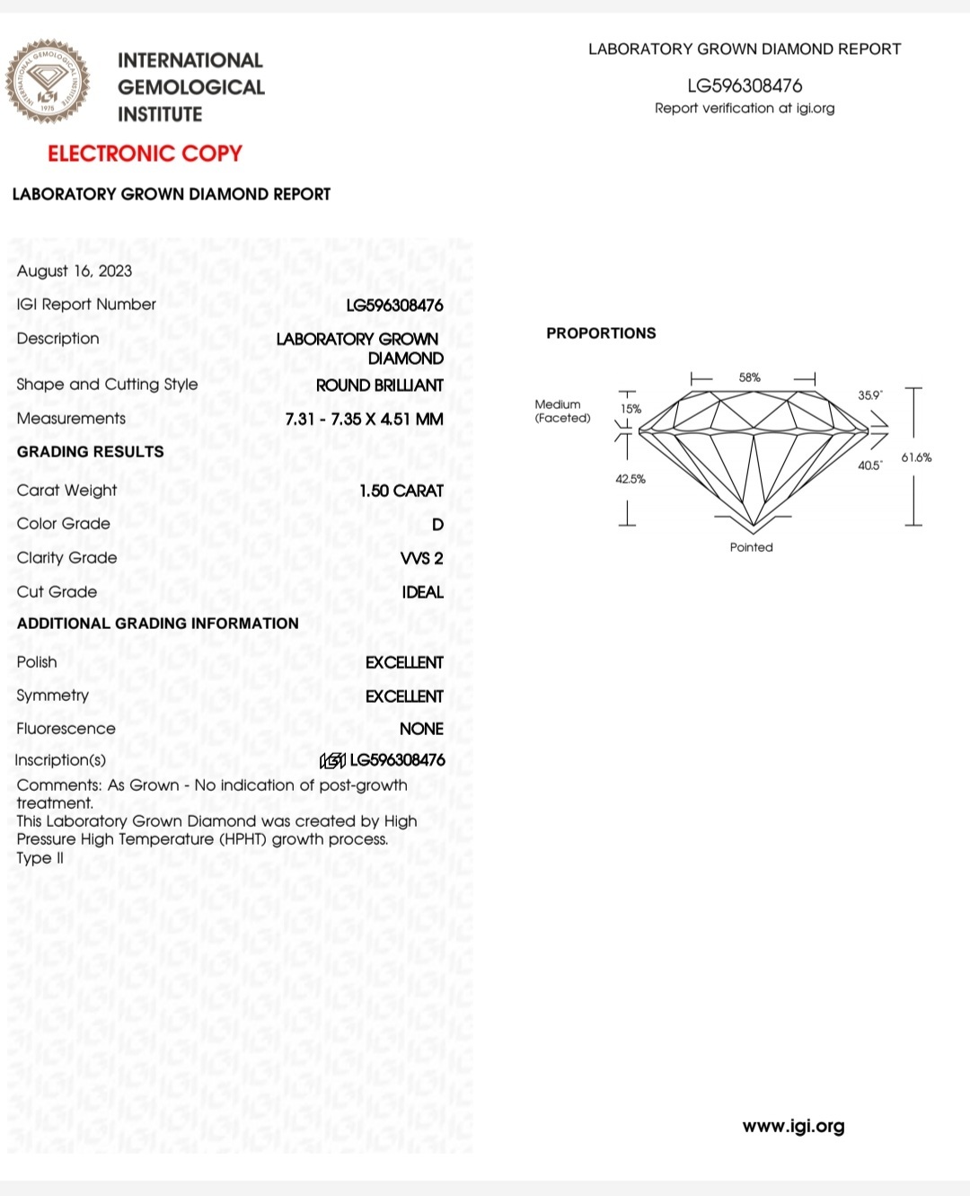 IGI LAB GROWN DIAMOND 1.50 D VVS2 IDEAL 2EX NON