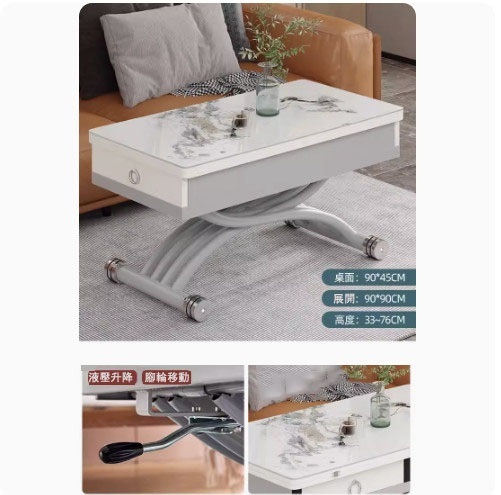 New lift coffee table dining table combination, dining table coffee table computer table makeup table multi-purpose lift folding removable installation-free (slate glass crystal luxury stone + blue white jade + pine board + 2 drawers) 90x45cm
