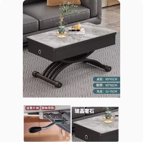 New lift coffee table dining table combination, dining table coffee table computer table makeup table multi-purpose lift folding removable installation-free (slate glass crystal luxury stone + Italian gray + pine board + 2 drawers) 90x45cm
