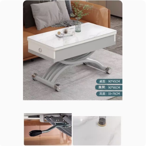 New lifting coffee table dining table combination, dining table coffee table computer table makeup table multi-purpose lift folding removable installation-free (slate bright + snow mountain bright white + pine board + 2 drawers) 90x45cm