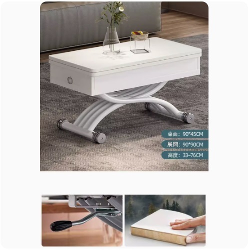 New lift coffee table dining table combination, dining table coffee table computer table makeup table multi-purpose lift folding removable installation-free (glossy slate + white wood grain + pine board + 2 drawers) 90x45cm