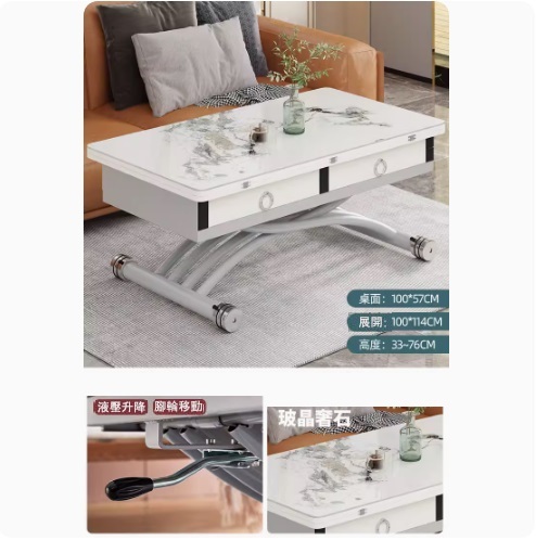 New lifting coffee table dining table combination, dining table coffee table computer table makeup table multi-purpose lift folding removable installation-free (slate glass crystal luxury stone + blue white jade + pine board + 4 drawers) 100x57cm