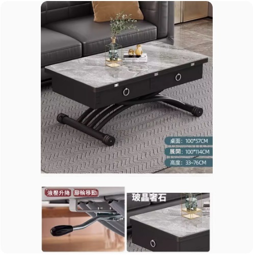 New lifting coffee table dining table combination, dining table coffee table computer table makeup table multi-purpose lift folding removable installation-free (slate glass crystal luxury stone + Italian gray + pine board + 4 drawers) 100x57cm
