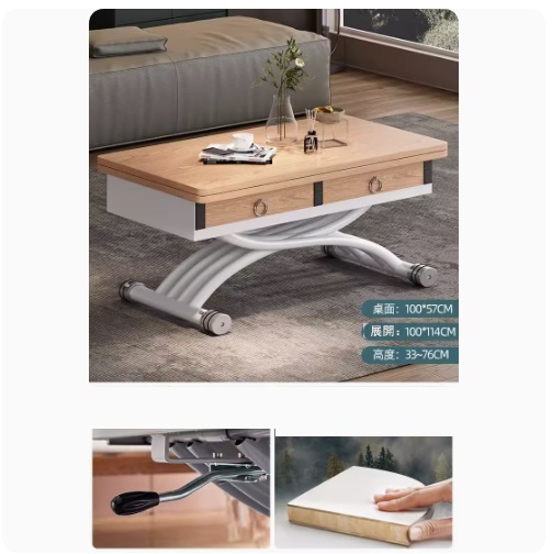 New lifting coffee table dining table combination, dining table coffee table computer table makeup table multi-purpose lifting and folding removable installation-free (raw wood color + pine board + 4 drawers) 100x57cm