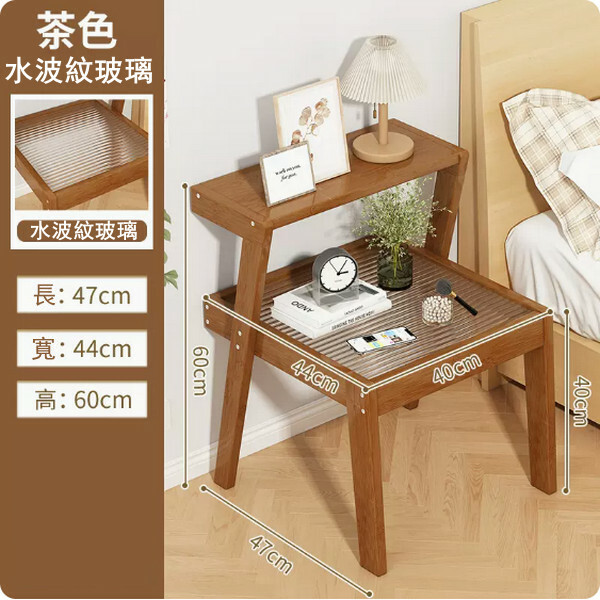 New bamboo solid wood furniture bedside table small coffee table sofa side cabinet [47x44x60cm] brown + long red glass