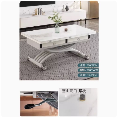 New lifting coffee table dining table combination, dining table coffee table computer table makeup table multi-purpose lift folding removable installation-free (slate bright + snow mountain bright white + pine board + 4 drawers) 100x57cm