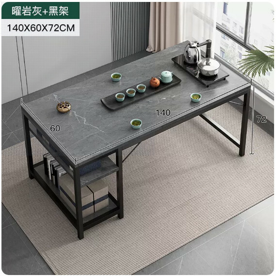 Hot selling iron furniture, slate table, computer table, conference table, dining table, tea table [single table + upgraded version] rock gray + black frame 140x60x72cm