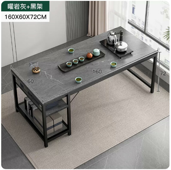Hot selling iron furniture, slate table, computer table, conference table, dining table, tea table [single table + upgraded version] rock gray + black frame 160x60x72cm