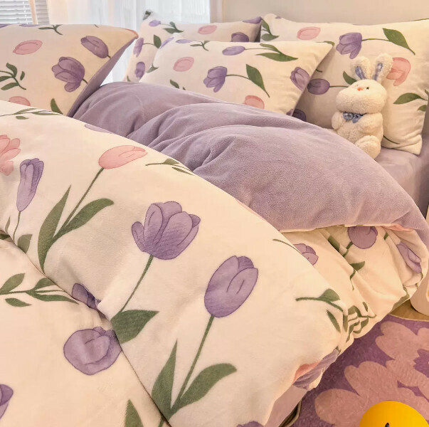 Popular four-piece milk velvet bed set (Purple Tulip [Constant temperature + Warm lock + No static electricity] [1.8m bed (four-piece fitted sheet set) suitable for 200*230cm quilt core])