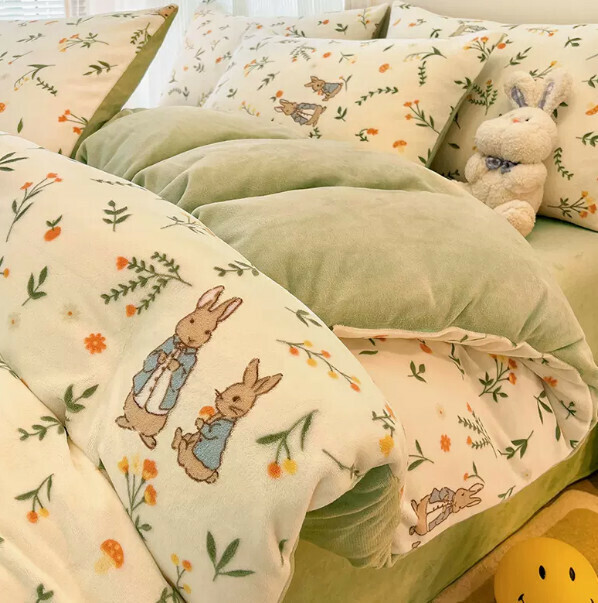Popular four-piece milk velvet bed set (Hua Jian Xiao Rabbit [constant temperature + warm lock + no static electricity] [1.2-meter bed (three-piece set of sheet type) suitable for 150*200cm quilt core])