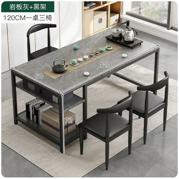 Hot selling iron furniture, slate table, computer table, conference table, dining table, tea table [upgraded 1 table + 3 chairs] slate gray + black frame 120x60x72cm