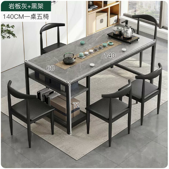 Hot selling iron furniture, slate table, computer table, conference table, dining table, tea table [upgraded 1 table + 5 chairs] slate gray + black frame 140x60x72cm