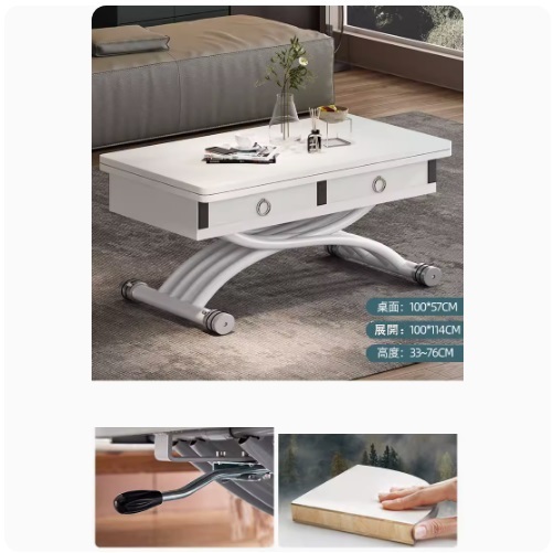 New lifting coffee table dining table combination, dining table coffee table computer table makeup table multi-purpose lifting and folding removable installation-free (glossy slate + white wood grain + pine board + 4 drawers) 100x57cm