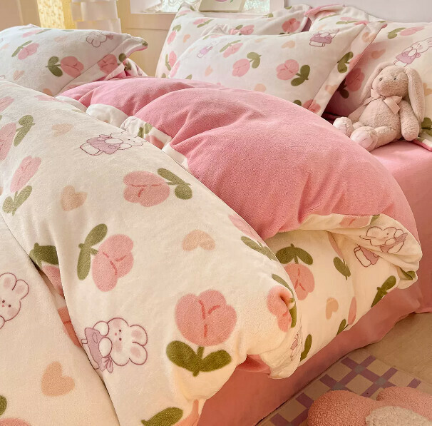 Popular four-piece milk velvet bed set (Yuyu Rabbit [Constant temperature + Warm lock + No static electricity] [0.9m bed (three-piece set of bed sheets) suitable for 150*200cm quilt core])