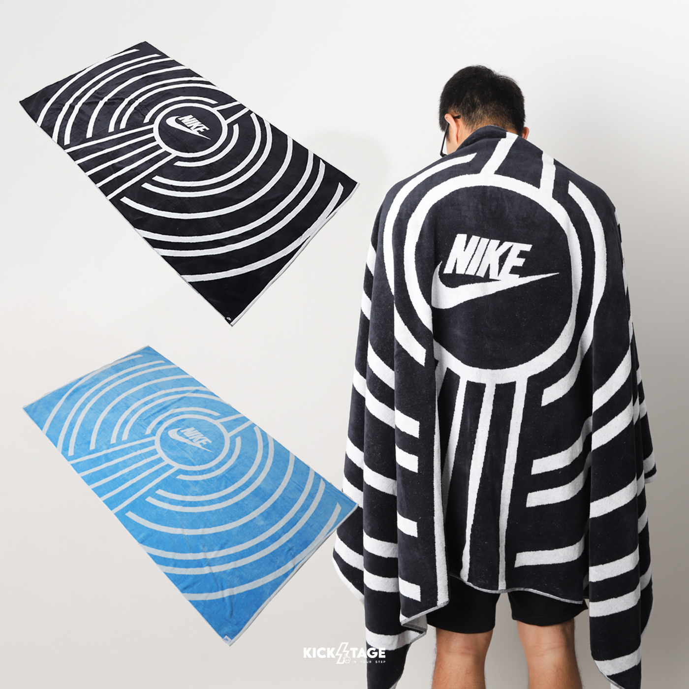 [特價商品無退換] NIKE OVERSIZED BEACH TOWEL 黑色 藍色 復古 吸水 海灘 游泳 運動 毛巾 浴巾【HF9416】