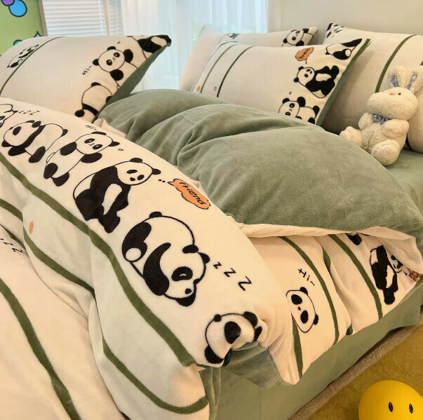 Popular four-piece milk velvet bed set (Panda Party [constant temperature + warm lock + no static electricity] [1.8-meter bed (four-piece fitted sheet set) suitable for 200*230cm quilt core])