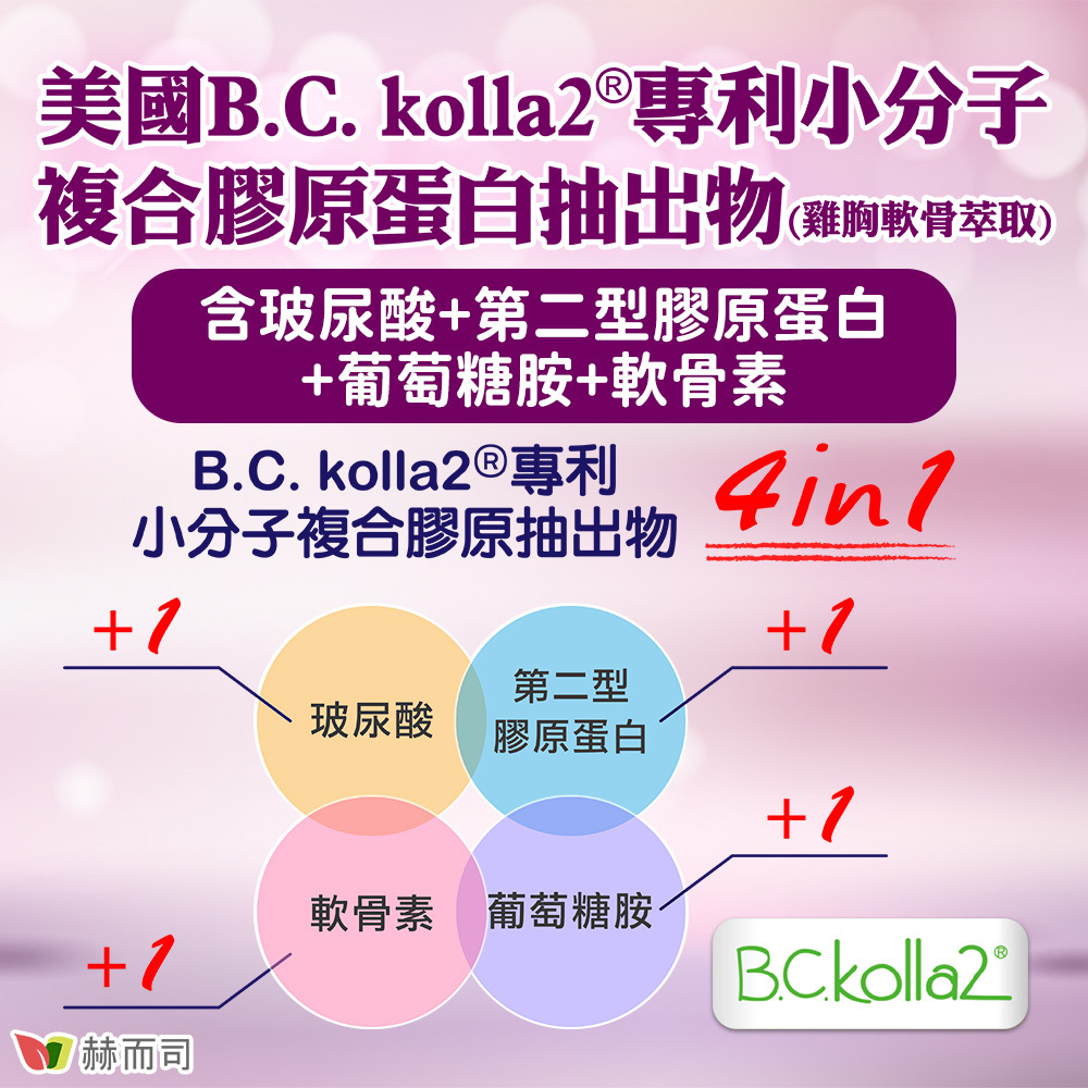 口服二型膠原蛋白玻尿酸推薦 添加B.C.kolla2®專利小分子複合膠原抽出物(雞胸軟骨萃取)，含玻尿酸、第二型膠原蛋白、軟骨素、葡萄糖胺，四效合一！