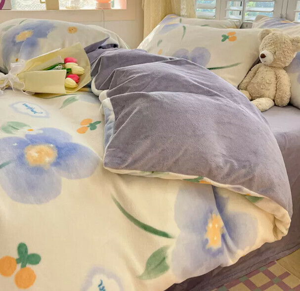 Popular four-piece milk velvet bed set (Sunflower-Purple [Constant temperature + Warm lock + No static electricity] [0.9m bed (three-piece bed sheet set) suitable for 150*200cm quilt core])