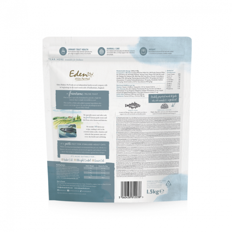 (英國製) 伊甸園 Eden 鮮肉無穀全貓乾糧 - 白身魚+鯡魚魚子醬 1.5kg (任選2件$548)