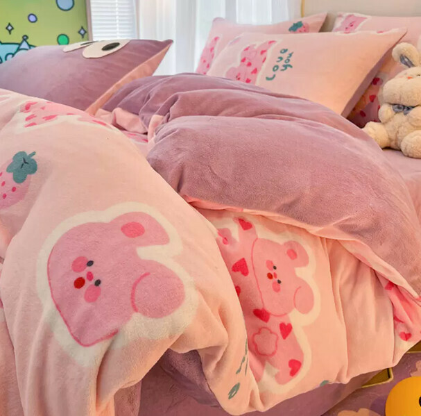 Popular four-piece milk velvet bed set (Dopamine Rabbit [constant temperature + warm lock + no static electricity] [1.5-meter bed (four-piece fitted sheet set) suitable for 200*230cm quilt core])